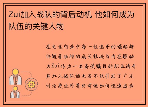 Zui加入战队的背后动机 他如何成为队伍的关键人物