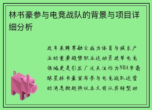 林书豪参与电竞战队的背景与项目详细分析