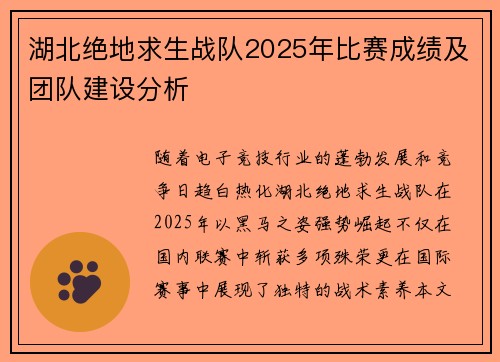 湖北绝地求生战队2025年比赛成绩及团队建设分析