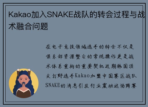 Kakao加入SNAKE战队的转会过程与战术融合问题
