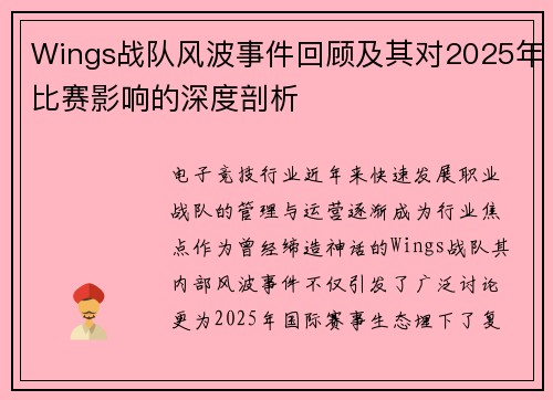 Wings战队风波事件回顾及其对2025年比赛影响的深度剖析