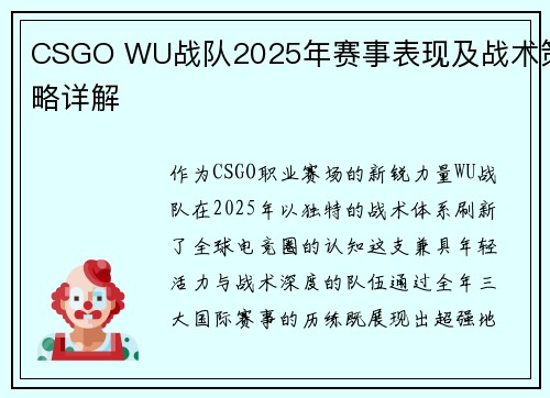 CSGO WU战队2025年赛事表现及战术策略详解